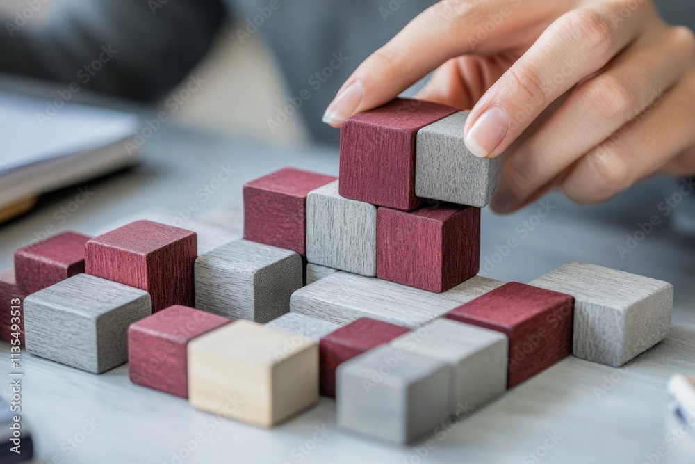 Poster Hand placing cube in a building block structure.