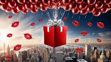 Luxurious red box with glossy lips, floating above New York City