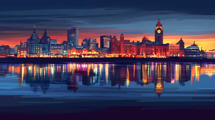 Fototapeta premium Stunning liverpool city skyline at dusk with illuminated buildings and reflections on water surface. Nightfall. Illustration