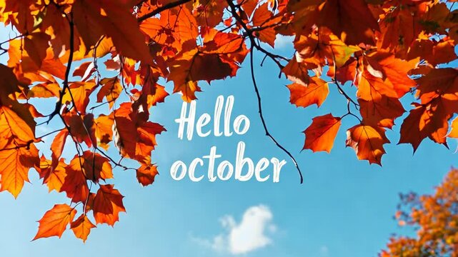Hello October Text on Blue Sky with Autumn Leaves