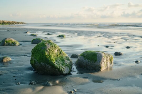 Serene beach scene  moss covered rocks at low tide with golden hour light and calm ocean waves