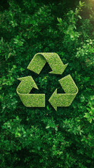 Recycle sustainability conservation renewal concept. A green recycling symbol made of foliage against a backdrop of lush greenery, representing sustainability and environmental awareness.