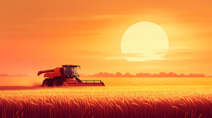 Fototapeta premium Sunset wheat harvesting with combine harvester in golden field design, summer agriculture scene, rural farm landscape design. Nightfall. Illustration