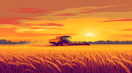 Fototapeta premium Sunset wheat harvesting with combine harvester in golden field design, summer agriculture scene, rural farm landscape design. Nightfall. Illustration