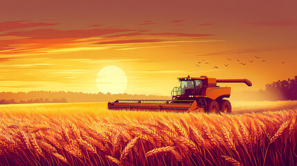 Naklejka premium Sunset wheat harvesting with combine harvester in golden field design, summer agriculture scene, rural farm landscape design. Nightfall. Illustration