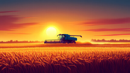 Fototapeta premium Sunset wheat harvesting with combine harvester in golden field design, summer agriculture scene, rural farm landscape design. Nightfall. Illustration