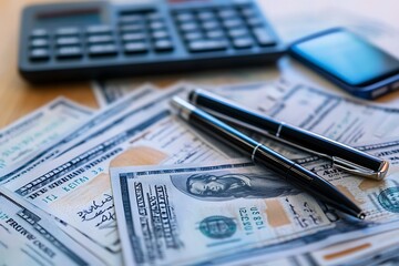Financial documents, money, calculator, and phone. Concept of business, finance, and investment.