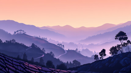 Obraz premium The picturesque tea plantations of munnar, india, with misty hills and winding paths. copy space available. Nightfall. Illustration