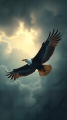 Eagle in Flight Over Stormy Skies