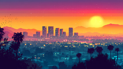 Twilight sunset over san bernardino skyline, california - captivating cityscape with vibrant colors and tranquil. Nightfall. Illustration