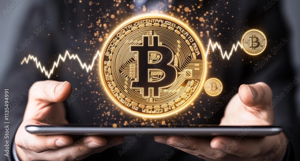 Aufkleber Bitcoin currency with trader showing rise on digital tablet.
