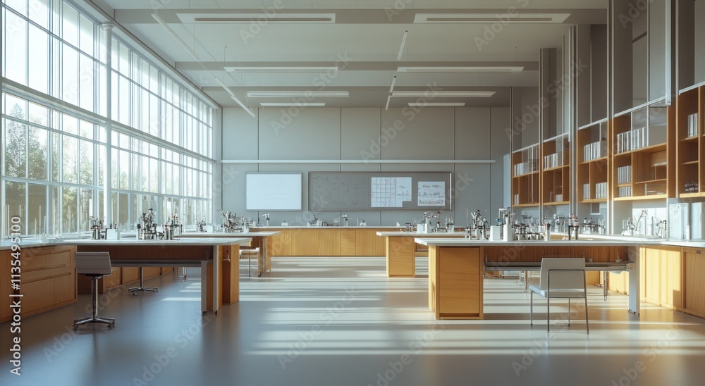 Poster Empty science lab with tables, equipment, and large windows.