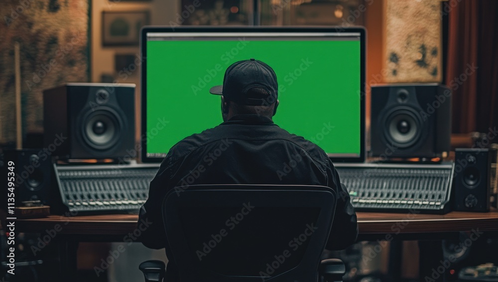 Poster back view man editing green screen, audio studio setup.