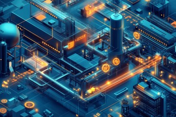 Innovative vector illustration showcasing a digital twin of a modern manufacturing facility