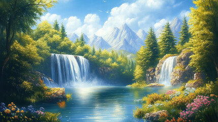 A beautiful painting of waterfalls in the forest, with mountains and green trees in the background