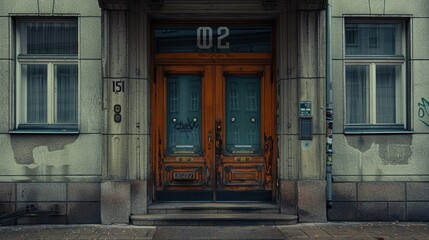 Naklejka premium A weathered entrance featuring wooden doors with a number and graffiti on the walls.