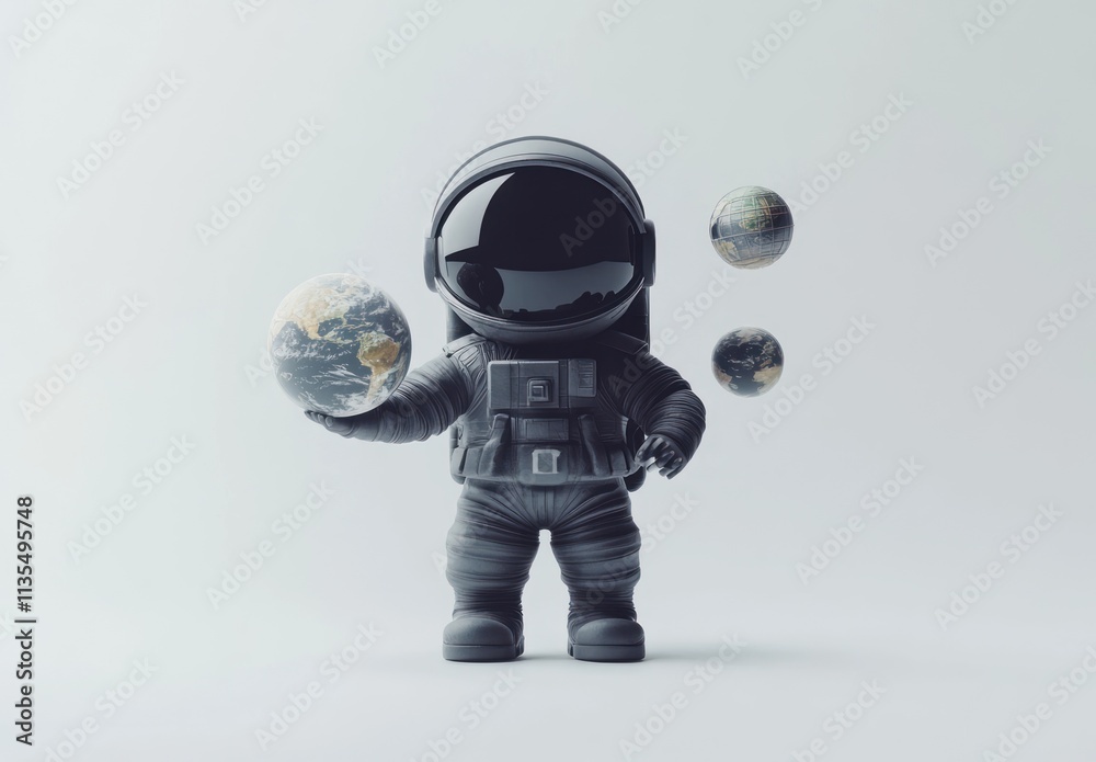 Poster astronaut holding earth globe with floating planets.
