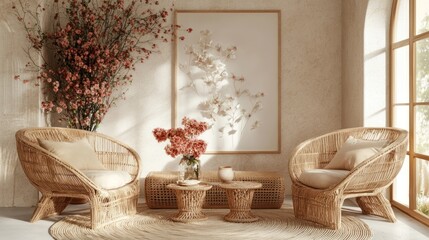 Serene Bohemian Interior Design: Rattan Chairs and Floral Decor