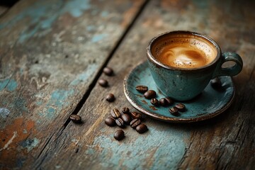 A vintage-style espresso cup filled with dark coffee, accompanied by scattered coffee beans on a weathered wooden table, enhancing the rustic charm