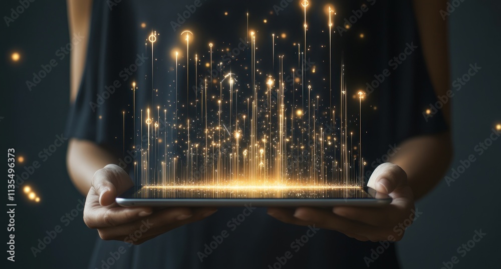 Aufkleber person holding tablet with glowing data streams.