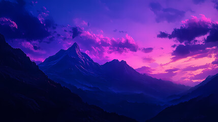 Silhouetted mountains at dusk with a vibrant purple and blue sky. Nightfall. Illustration
