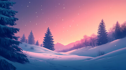 Snowy winter landscape at dusk with gentle falling snow and tranquil scenery, winter, landscape, dusk, snow, peaceful, scenery. Nightfall. Illustration