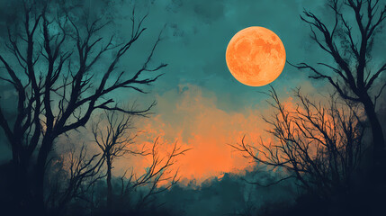 Spooky atmospheric halloween landscape featuring a full moon, silhouetted bare trees, and a mystic teal and orange sky. Nightfall. Illustration