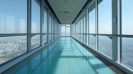 Obraz premium stunning glass corridor with seamless transition from floor to wall, offering breathtaking views of city skyline
