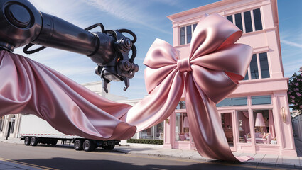 A giant satin pink bow suspended by a black robotic arm, with a sleek storefront and clear sky