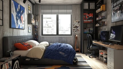 Modern Teen Boy's Bedroom: Industrial Chic Design with Gaming Setup