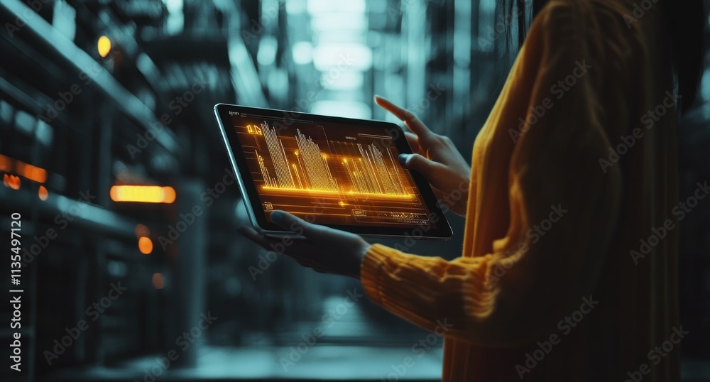 Poster woman using tablet data graphs in dark warehouse aisle.