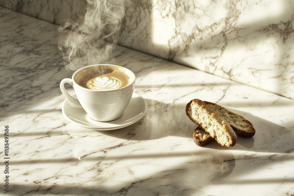 Poster steaming latte with biscotti on marble countertop.
