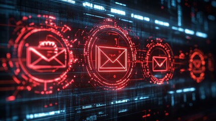 Fototapeta premium A futuristic digital display featuring glowing red email icons, representing communication and data exchange in a tech-savvy environment.