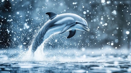 Obraz premium Dolphin Jumping Through Water Splashes in Frosty Atmosphere