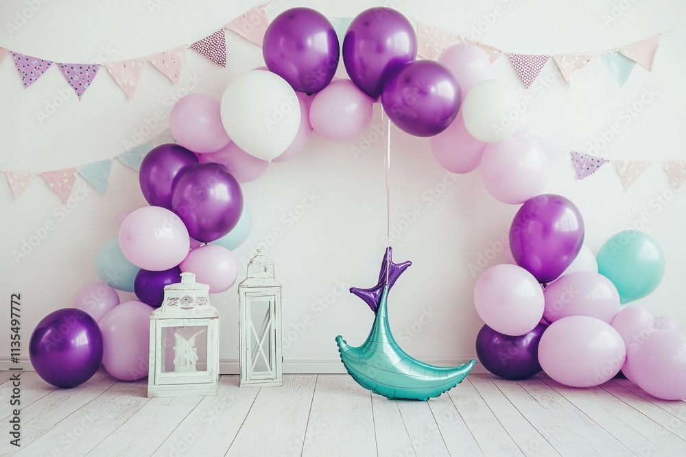 Poster balloon arch with decor, party backdrop.