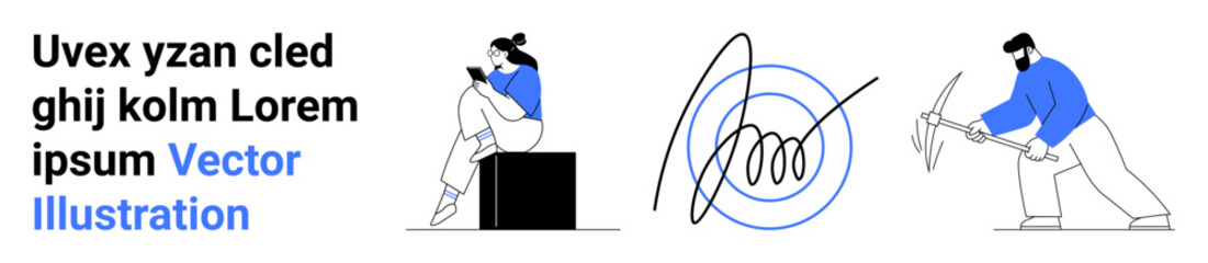 Woman reading on a cube, abstract spiral sketch, man chopping wood. Ideal for productivity, creativity, hard work, focus, leisure modern lifestyle project planning. Landing page