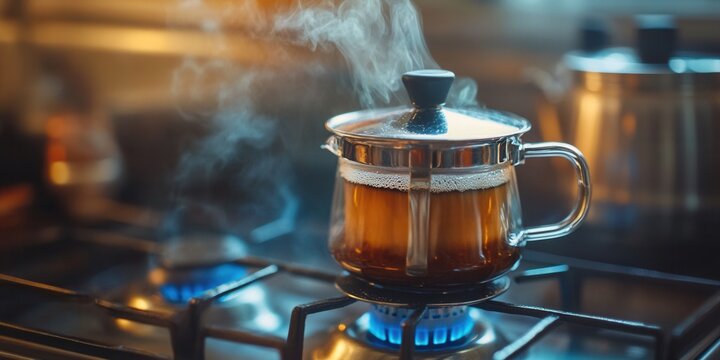 Vintage 50's stovetop percolator brewing coffee on a classic gas flame, evoking nostalgia and warmth of home kitchens