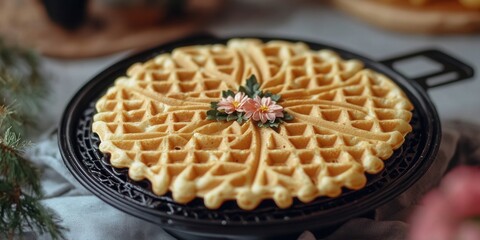 Vintage floral waffle iron, charming 60's design, intricate patterns on waffles, nostalgic kitchen...