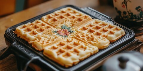 Vintage floral waffle iron, 1960s design, intricate floral patterns, nostalgic kitchen appliance,...