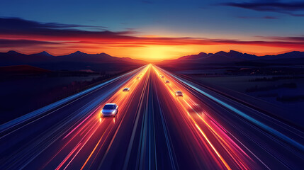 Obraz premium Futuristic desert highway, holographic mirages, highspeed vehicles, dusk. Nightfall. Illustration