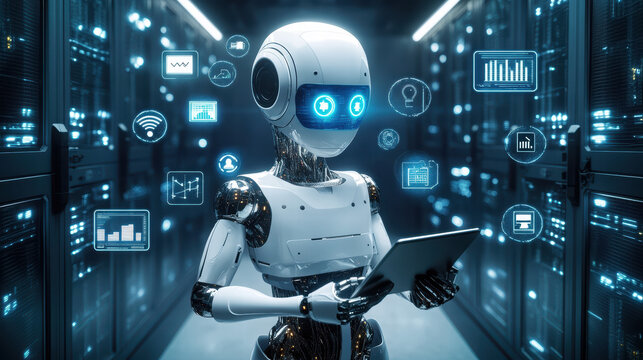 A robot holding an AI data stream with icons and symbols representing various types of artificial intelligence