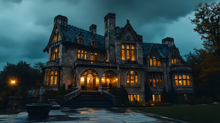 Gothic mansion at dusk under stormy skies, lit windows suggest mystery or elegance, ideal for spooky themes. Nightfall. Illustration
