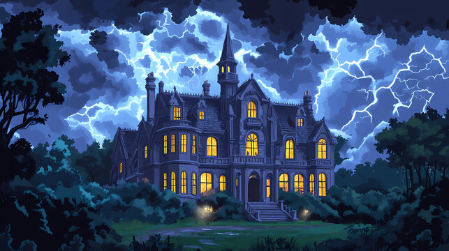 Gothic mansion at dusk under stormy skies, lit windows suggest mystery or elegance, ideal for spooky themes. Nightfall. Illustration