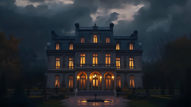 Gothic mansion at dusk under stormy skies, lit windows suggest mystery or elegance, ideal for spooky themes. Nightfall. Illustration