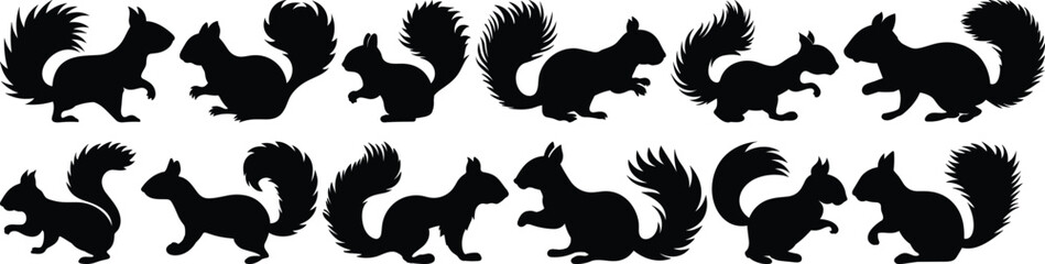 Squirrel silhouettes set, animal pack of vector silhouette design, isolated background