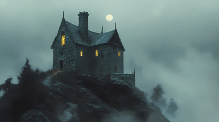 Naklejka premium Mysterious stone house on a foggy hilltop. Nightfall. Illustration