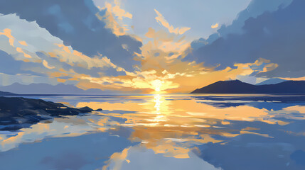 Radiant sunrise over calm ocean: stunning golden rays reflecting on tranquil waters. Nightfall. Illustration