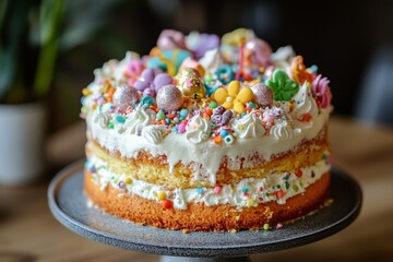 Festive birthday cake adorned with abundant icing and colorful decorations for a joyful celebration