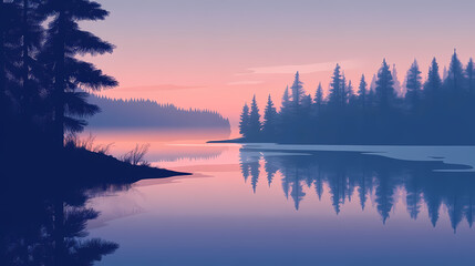 Fototapeta premium Reflection at dusk by the tranquil shore embracing the fading daylight. Nightfall. Illustration