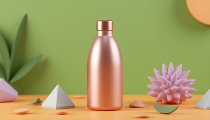 metallic bottle 3D render with a shiny finish, surrounded by scattered leaves, showcasing a natural outdoor setting create with ai